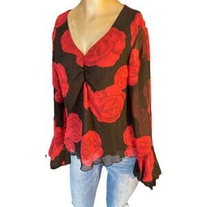 FASHION BUG Vintage 90's Y2K rose print blouse women size Medium long sleeve